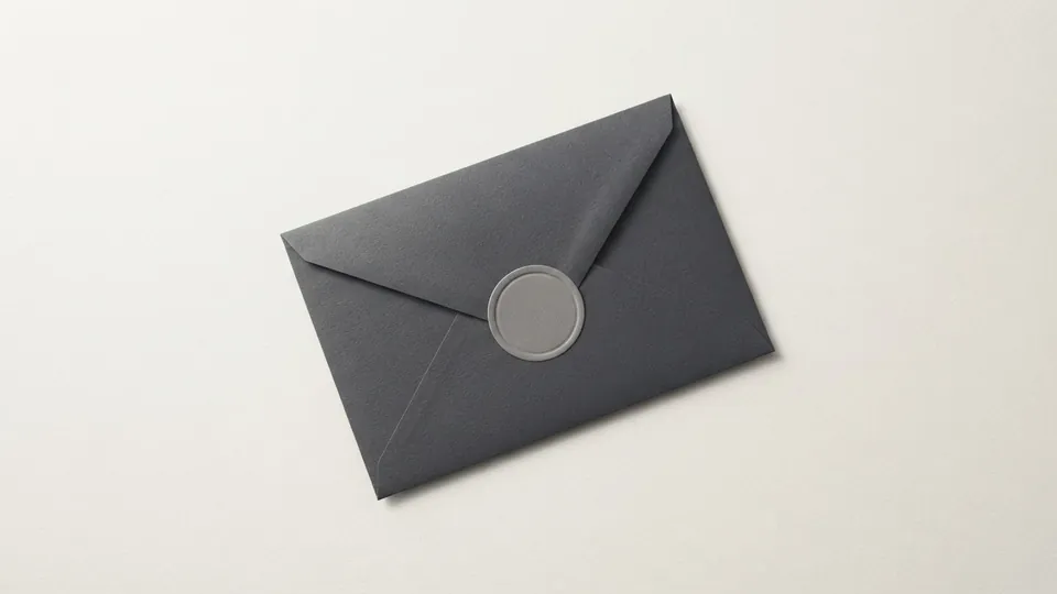 A closed graphite paper envelope sealed with a plain embossed grey paper disc