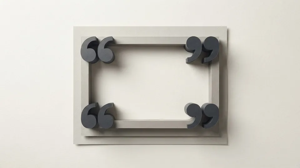 A raised blank paper frame with thick graphite quotation-shaped curls cut from card at its four corners