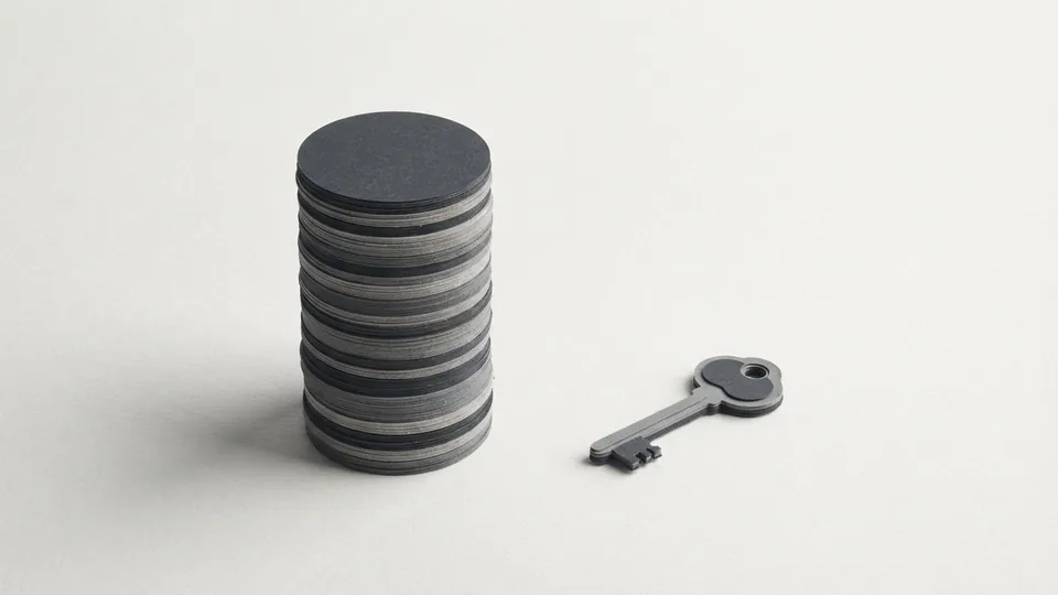 One tall stack of layered grey and graphite paper discs beside a small graphite paper key lying flat